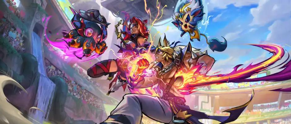 Splash art of Samira and Sett fighting in an arena with flames coming out of their fists