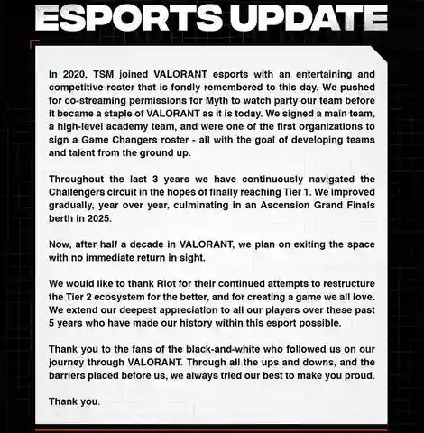 TSM Exits Valorant Esports